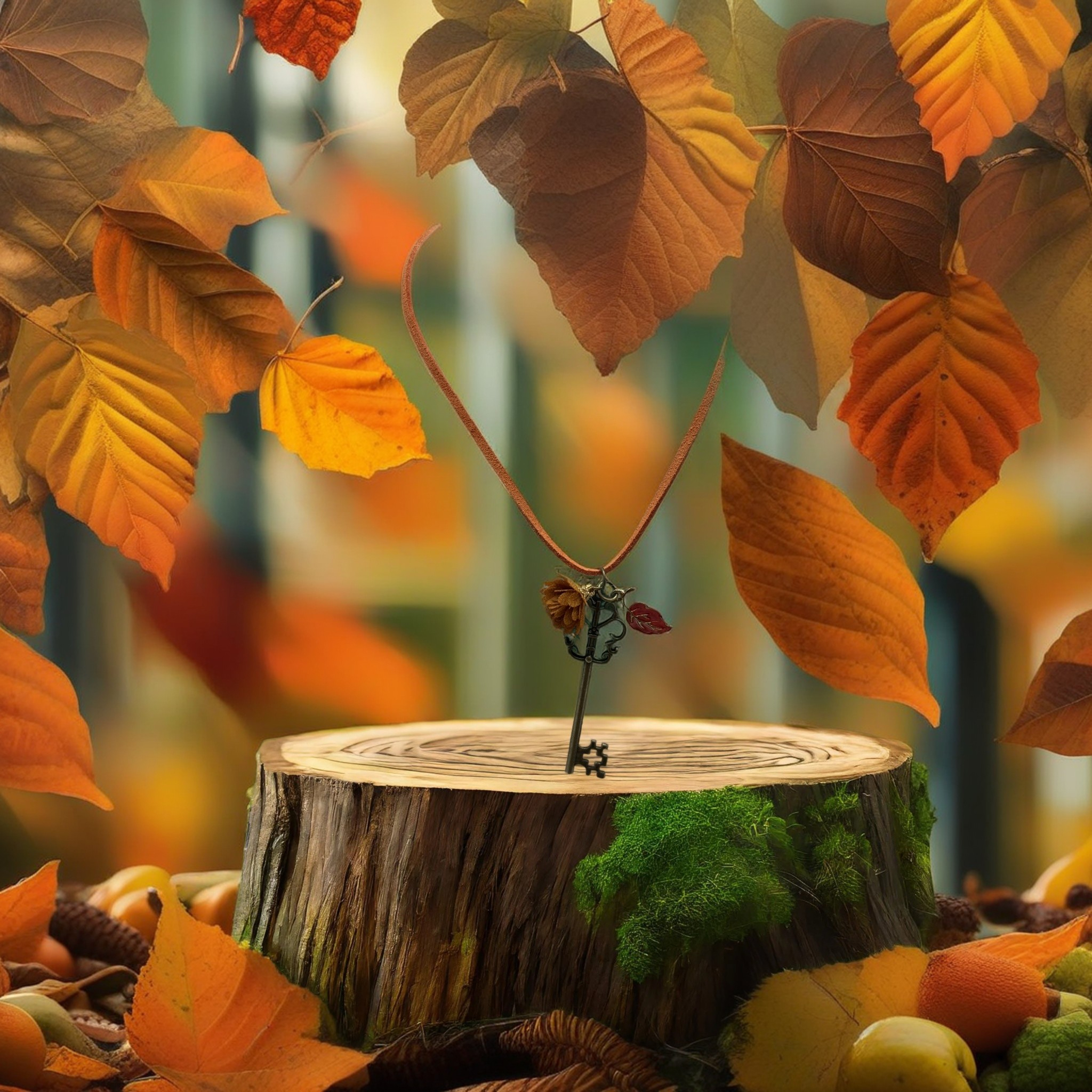 Antique Style Key And Leaf Choker