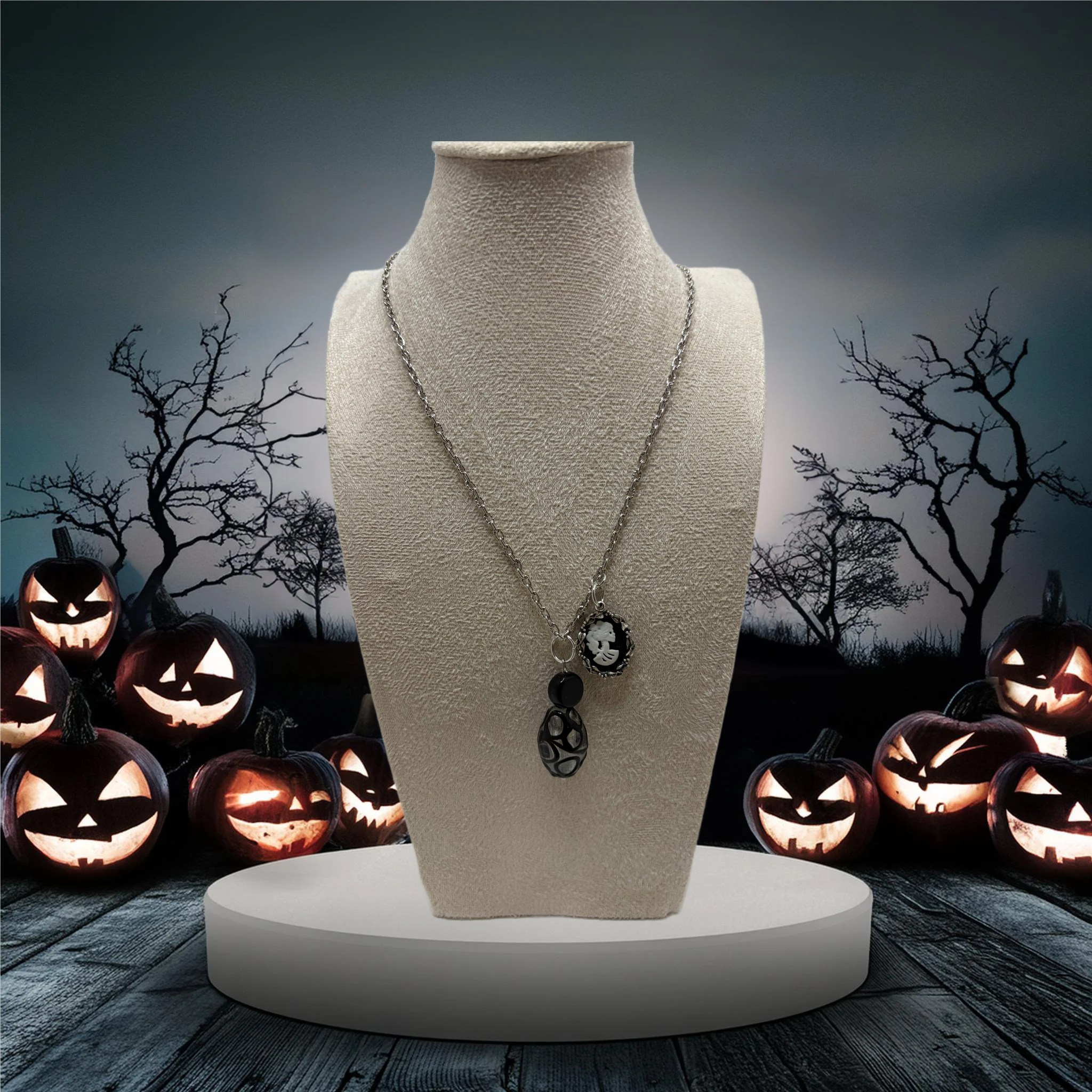 Black Swirl And Cameo Portrait Necklace